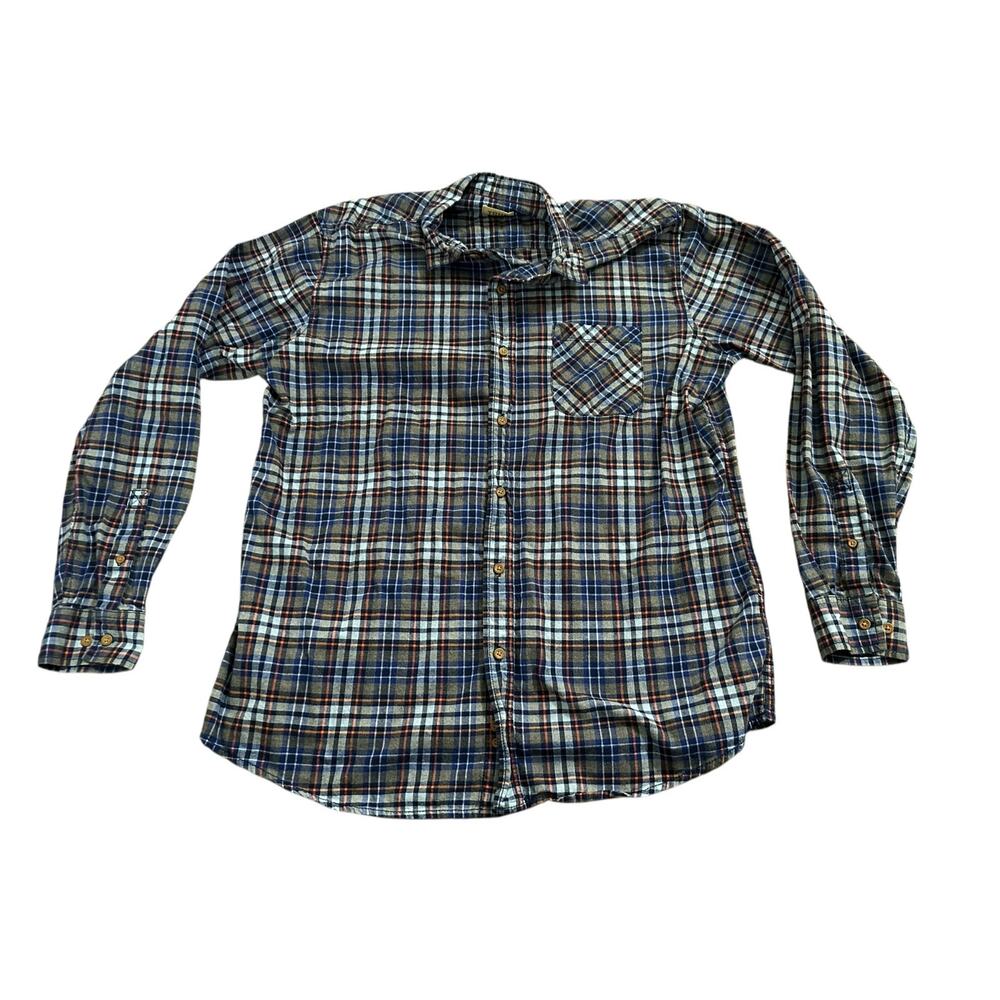 True Craft Blue Gray Brown Orange Plaid Flannel L/S Button Up Shirt Mens XL